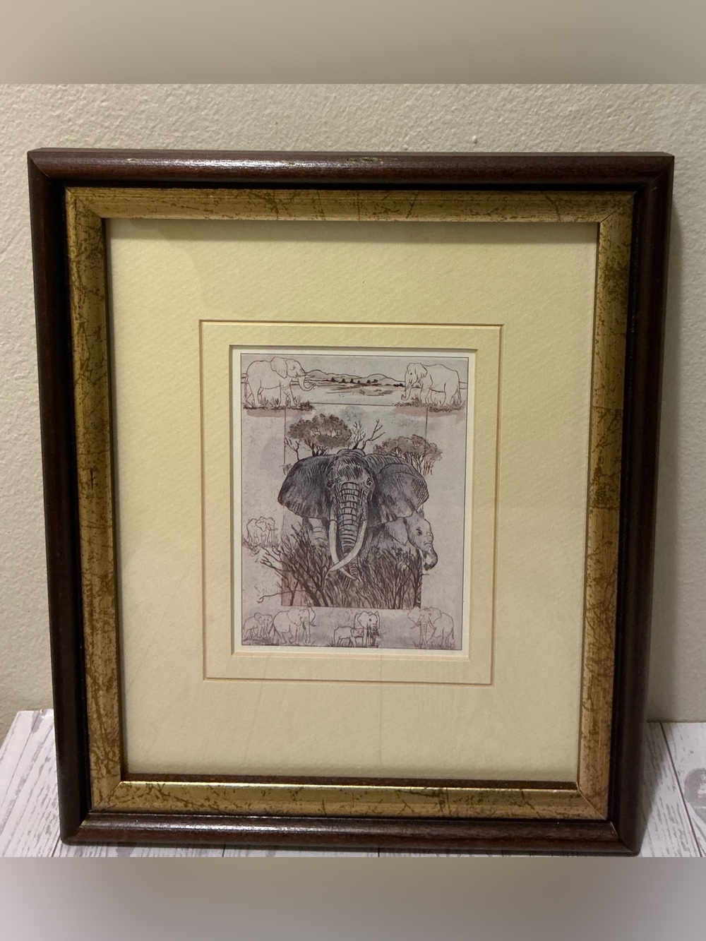 Framed Elephant Art Print in Cream and Brown by